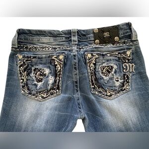 Miss Me Signature Cropped Distressed Embellished Rhinestone Jeans Size 29